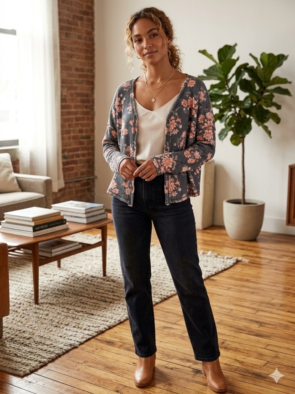 American Eagle Soft & Sexy Plush Floral Waffle Knit Top - Large